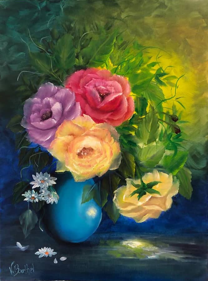 Ölgemälde "Rosen in blauer Vase" nach Gary Jenkins / Künstlerin: Viola Barthel